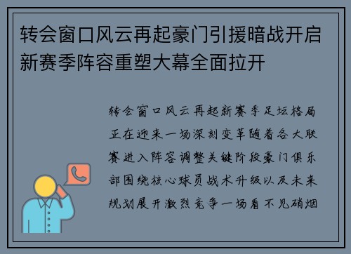 转会窗口风云再起豪门引援暗战开启新赛季阵容重塑大幕全面拉开